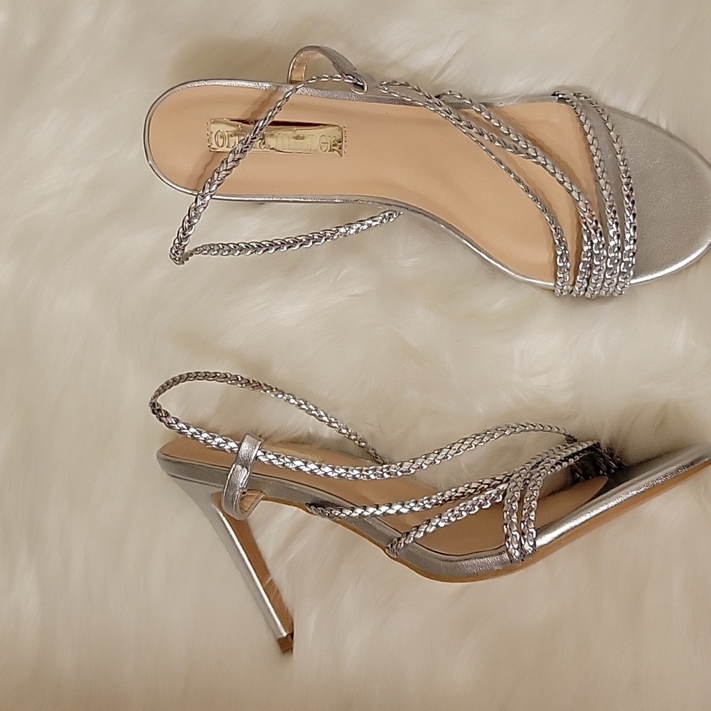 Olivia Miller braided strappy silver stiletto sandal 4" heel size 10 New…